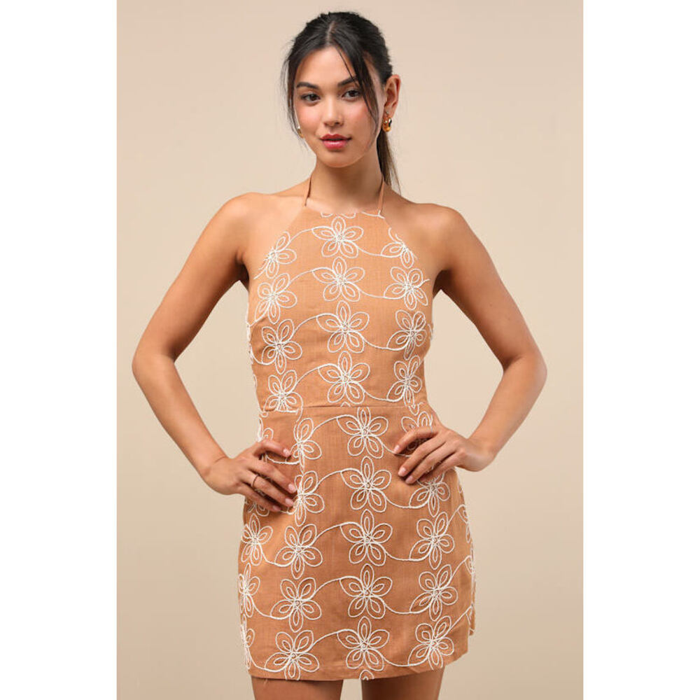 Lulus Tetiana Tan Floral Embroidered Halter Mini Dress Brown - Size L